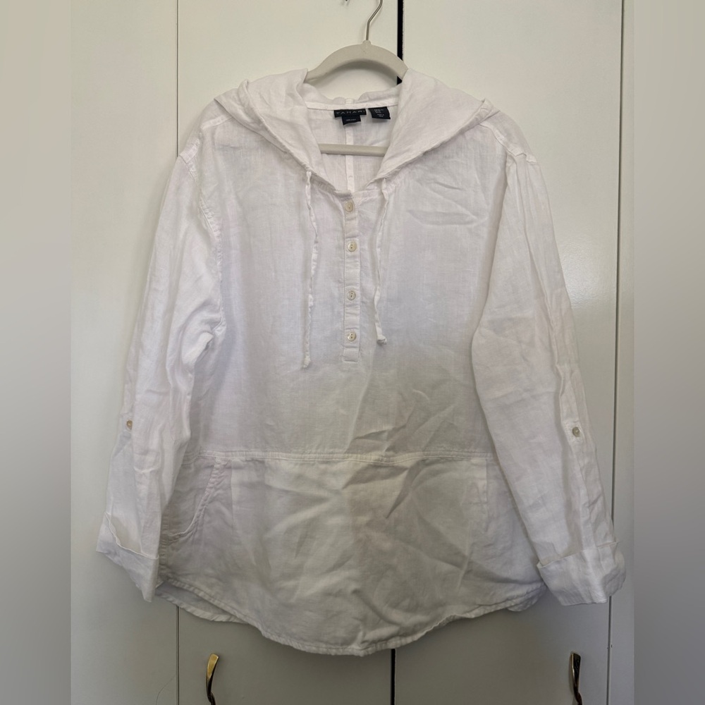 Tahari White Linen Hooded Pullover Top